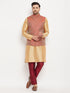 Vastramay Men's Maroon Silk Blend Ethnic Jacket, Rose Gold Kurta and Maroon Pant Syle Pyjama Set