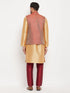 Vastramay Men's Maroon Silk Blend Ethnic Jacket, Rose Gold Kurta and Maroon Pant Syle Pyjama Set