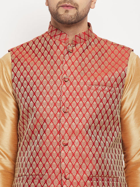 Vastramay Men's Maroon Silk Blend Ethnic Jacket, Rose Gold Kurta and Maroon Pant Syle Pyjama Set