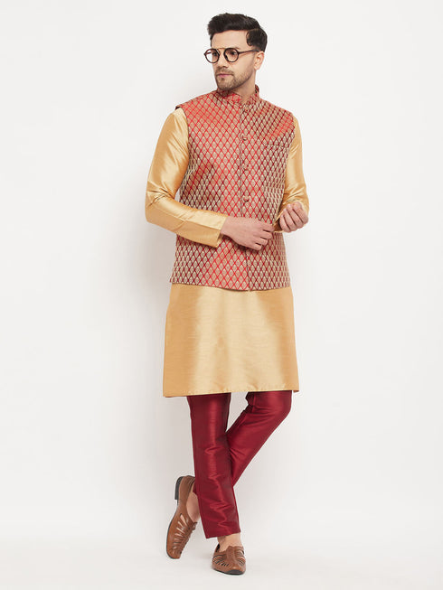 Vastramay Men's Maroon Silk Blend Ethnic Jacket, Rose Gold Kurta and Maroon Pant Syle Pyjama Set