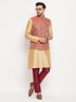 Vastramay Men's Maroon Silk Blend Ethnic Jacket, Rose Gold Kurta and Maroon Pant Syle Pyjama Set