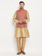Vastramay Men's Rose Gold Silk Blend Kurta And Pant Style Pyjama With Maroon Woven Nehru Jacket