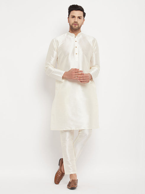 Vastramay Men's Cream Cotton Silk Blend Kurta and Pant Style Pyjama Set