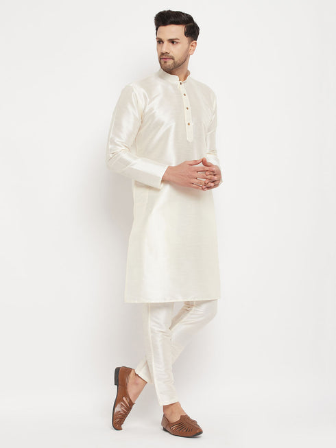 Vastramay Men's Cream Cotton Silk Blend Kurta and Pant Style Pyjama Set