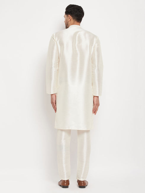 Vastramay Men's Cream Cotton Silk Blend Kurta and Pant Style Pyjama Set