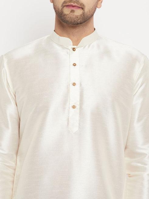 Vastramay Men's Cream Cotton Silk Blend Kurta and Pant Style Pyjama Set