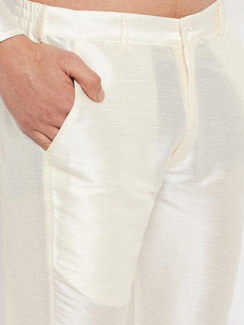 Vastramay Men's Cream Cotton Silk Blend Kurta and Pant Style Pyjama Set