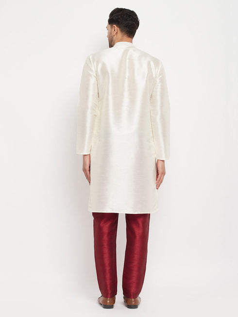 Vastramay Men's Cream Cotton Silk Blend Kurta and Maroon Pant Style Pyjama Set