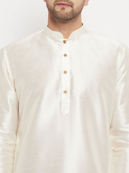 Vastramay Men's Cream Cotton Silk Blend Kurta and Maroon Pant Style Pyjama Set