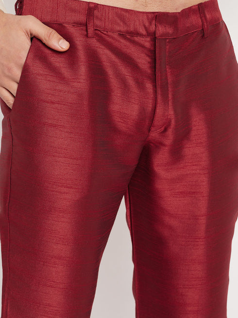Vastramay Men's Cream Cotton Silk Blend Kurta and Maroon Pant Style Pyjama Set
