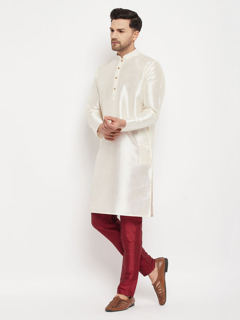 Vastramay Men's Cream Cotton Silk Blend Kurta and Maroon Pant Style Pyjama Set