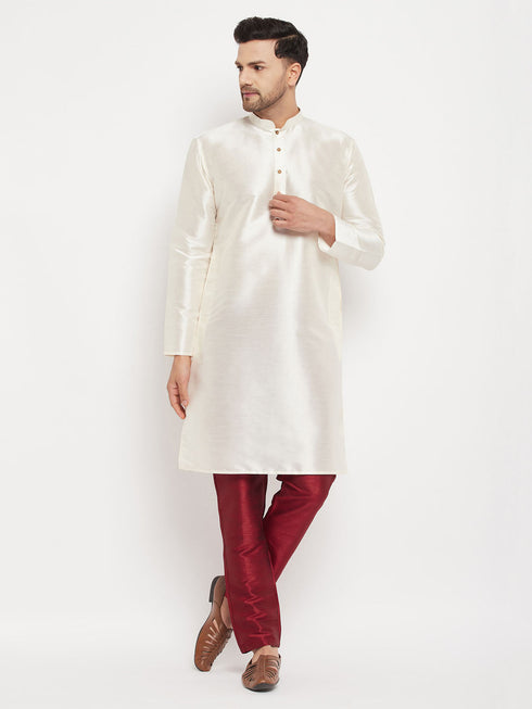 Vastramay Men's Cream Cotton Silk Blend Kurta and Maroon Pant Style Pyjama Set