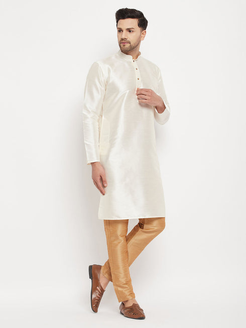 Vastramay Men's Cream Cotton Silk Blend Kurta and Rose Gold Pant Style Pyjama Set