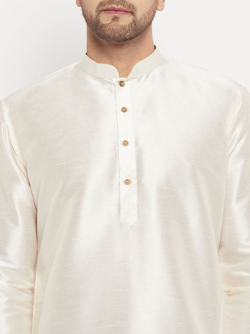 Vastramay Men's Cream Cotton Silk Blend Kurta and Rose Gold Pant Style Pyjama Set