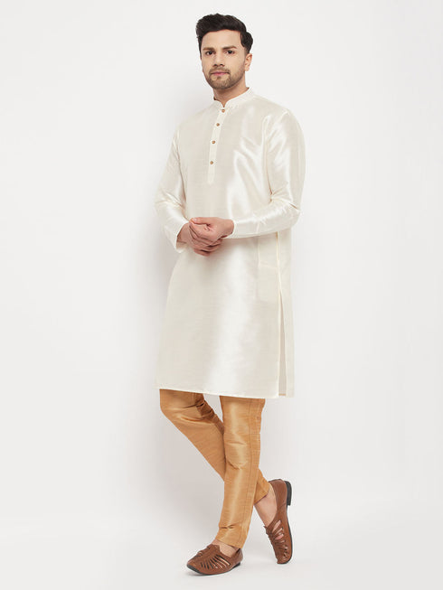Vastramay Men's Cream Cotton Silk Blend Kurta and Rose Gold Pant Style Pyjama Set