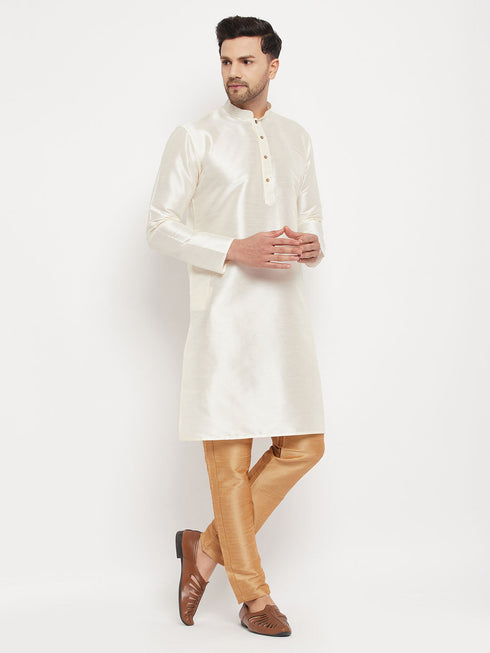 Vastramay Men's Cream Cotton Silk Blend Kurta and Rose Gold Pant Style Pyjama Set