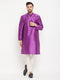 Vastramay Men's Purple Cotton Silk Blend Kurta and Cream Pant Style Pyjama Set