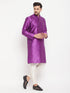 Vastramay Men's Purple Cotton Silk Blend Kurta and Cream Pant Style Pyjama Set