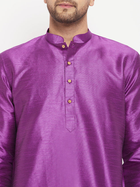 Vastramay Men's Purple Cotton Silk Blend Kurta and Cream Pant Style Pyjama Set