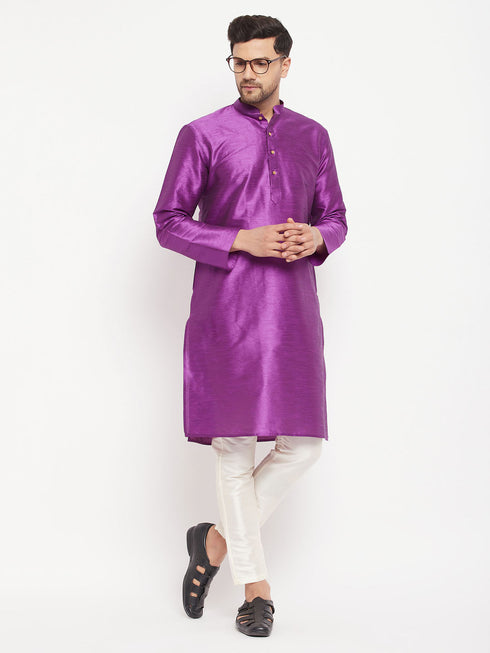 Vastramay Men's Purple Cotton Silk Blend Kurta and Cream Pant Style Pyjama Set