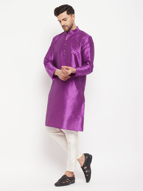 Vastramay Men's Purple Cotton Silk Blend Kurta and Cream Pant Style Pyjama Set