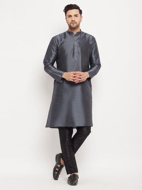 Vastramay Men's Grey Cotton Silk Blend Kurta and Black Pant Style Pyjama Set