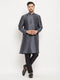 Vastramay Men's Grey Cotton Silk Blend Kurta and Black Pant Style Pyjama Set