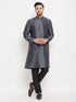 Vastramay Men's Grey Cotton Silk Blend Kurta and Black Pant Style Pyjama Set
