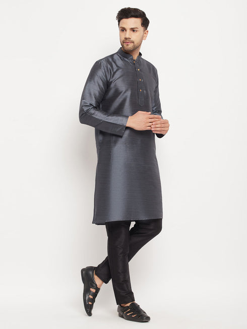 Vastramay Men's Grey Cotton Silk Blend Kurta and Black Pant Style Pyjama Set