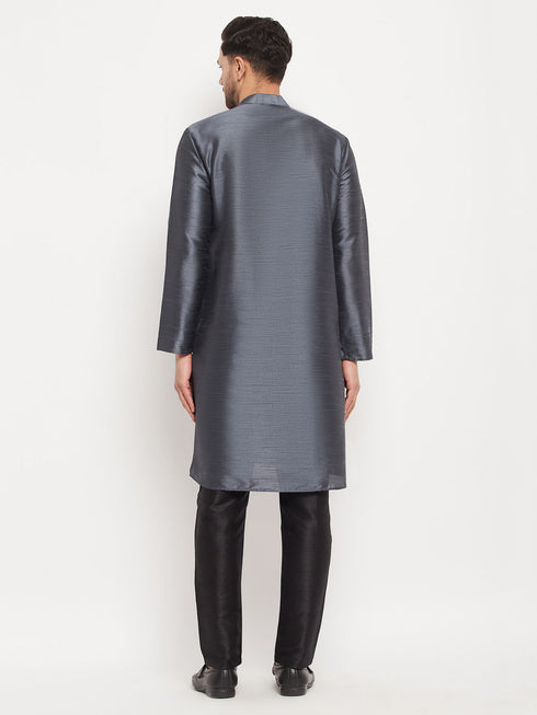 Vastramay Men's Grey Cotton Silk Blend Kurta and Black Pant Style Pyjama Set