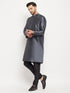 Vastramay Men's Grey Cotton Silk Blend Kurta and Black Pant Style Pyjama Set