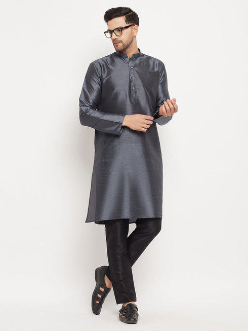 Vastramay Men's Grey Cotton Silk Blend Kurta and Black Pant Style Pyjama Set