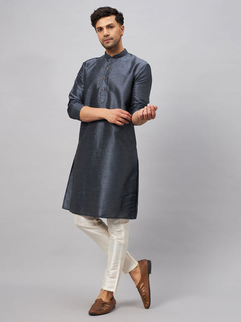 Vastramay Men's Grey Cotton Silk Blend Kurta and Cream Pant Set