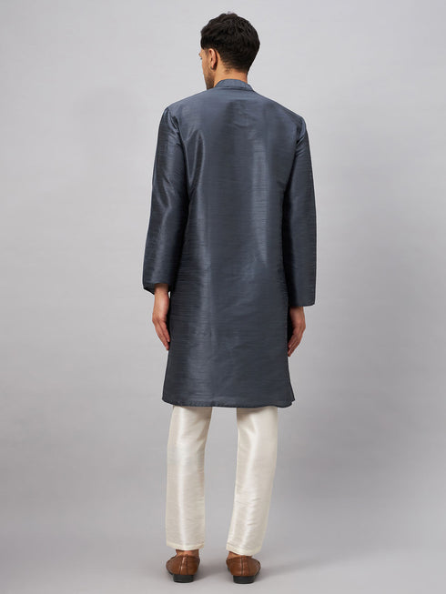 Vastramay Men's Grey Cotton Silk Blend Kurta and Cream Pant Set