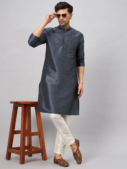 Vastramay Men's Grey Cotton Silk Blend Kurta and Cream Pant Set