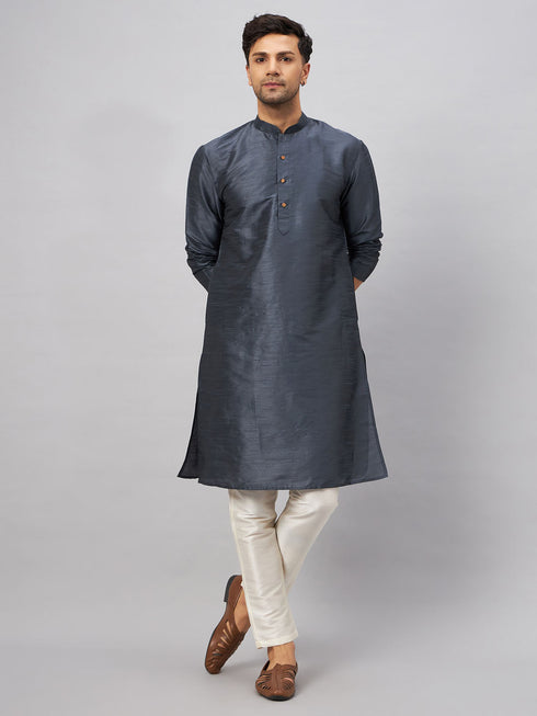 Vastramay Men's Grey Cotton Silk Blend Kurta and Cream Pant Set