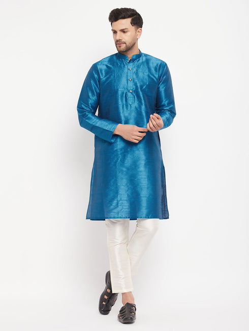 Vastramay Men's Turquoise Blue Cotton Silk Blend Kurta and Pant Style Pyjama Set