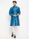 Vastramay Men's Turquoise Blue Cotton Silk Blend Kurta and Pant Style Pyjama Set