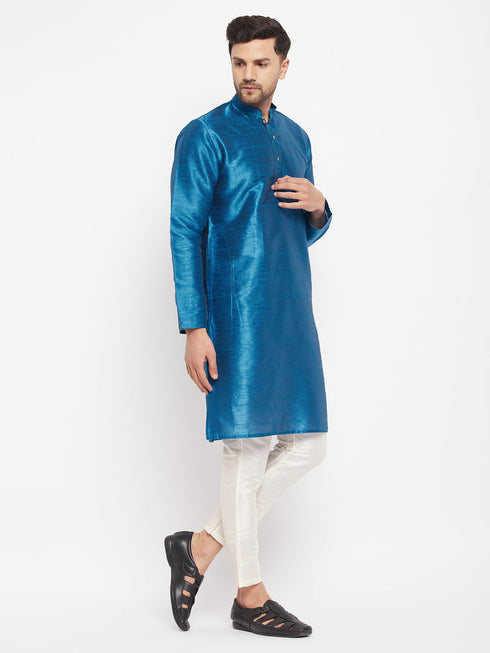 Vastramay Men's Turquoise Blue Cotton Silk Blend Kurta and Pant Style Pyjama Set