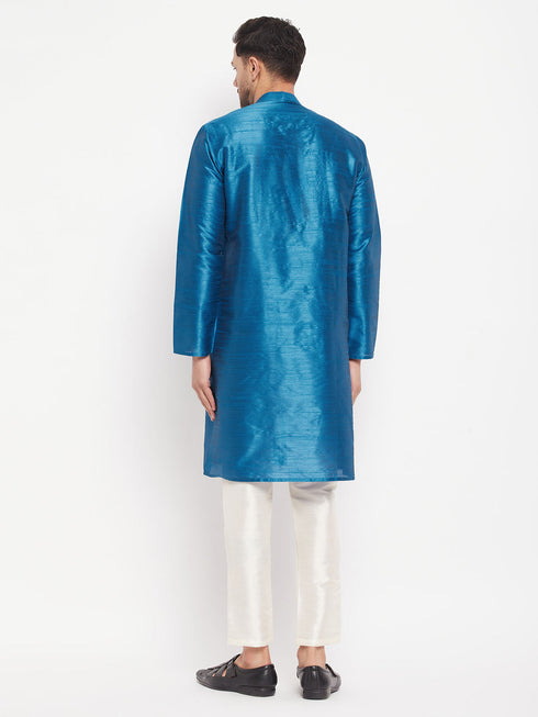Vastramay Men's Turquoise Blue Cotton Silk Blend Kurta and Pant Style Pyjama Set