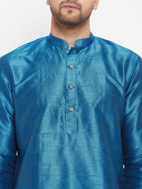Vastramay Men's Turquoise Blue Cotton Silk Blend Kurta and Pant Style Pyjama Set