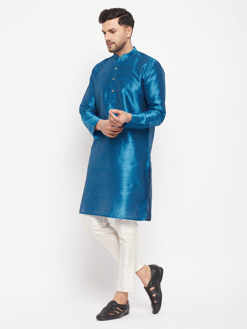 Vastramay Men's Turquoise Blue Cotton Silk Blend Kurta and Pant Style Pyjama Set