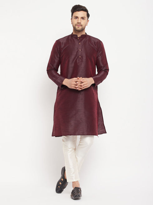 Vastramay Men's Burgundy Silk Blend Kurta and Cream Pant Style Pyjama Set