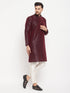 Vastramay Men's Burgundy Silk Blend Kurta and Cream Pant Style Pyjama Set