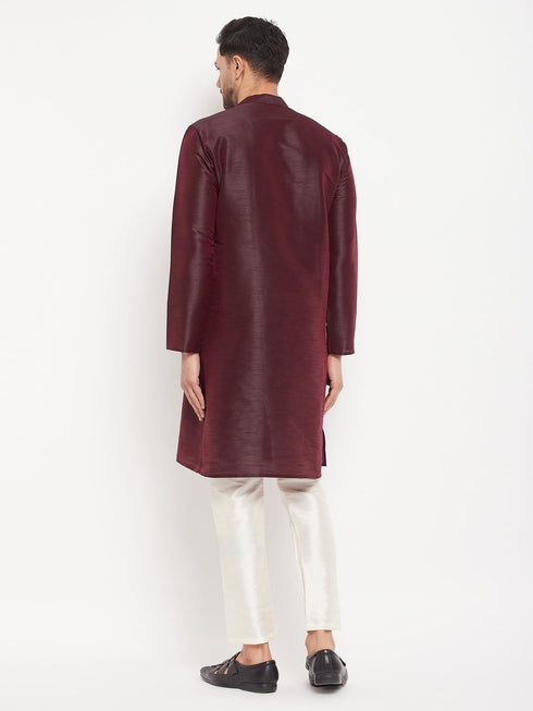 Vastramay Men's Burgundy Silk Blend Kurta and Cream Pant Style Pyjama Set