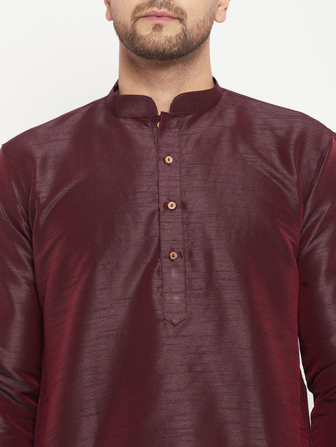 Vastramay Men's Burgundy Silk Blend Kurta and Cream Pant Style Pyjama Set