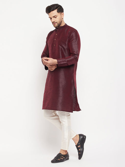 Vastramay Men's Burgundy Silk Blend Kurta and Cream Pant Style Pyjama Set