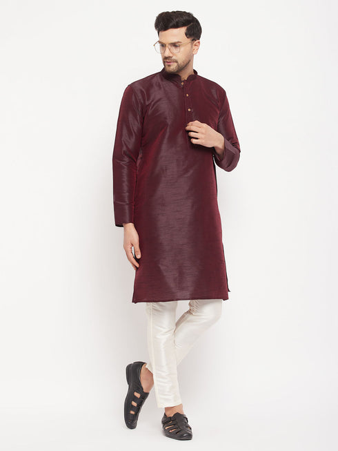 Vastramay Men's Burgundy Silk Blend Kurta and Cream Pant Style Pyjama Set