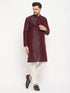 Vastramay Men's Burgundy Silk Blend Kurta and Cream Pant Style Pyjama Set