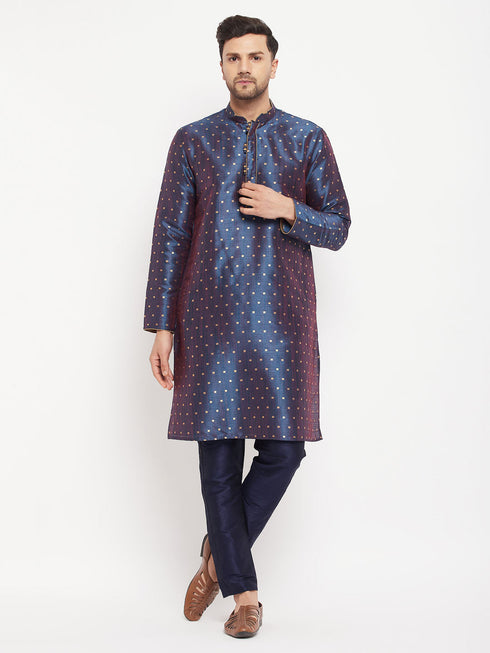 Vastramay Men's Navy Blue Zari Weaved Kurta And Pant Set